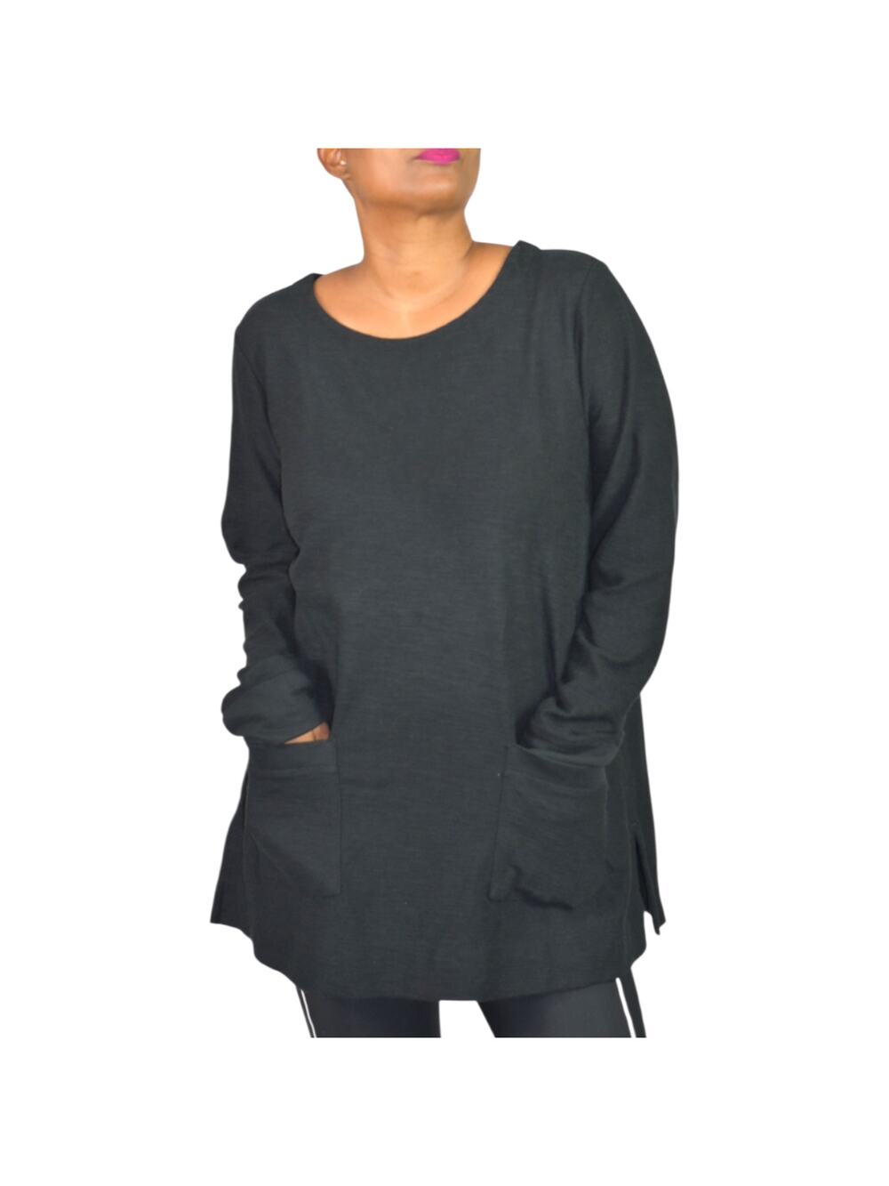 J Jill Black Textured Knit Tunic Cotton Blend Top Patch Pockets Side Slits Large - Picture 1 of 15